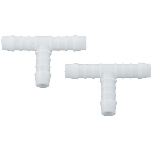 Zwei weiße T-Schlauchverbinder aus Kunststoff, 10 mm, für die Verbindung von drei Schläuchen.