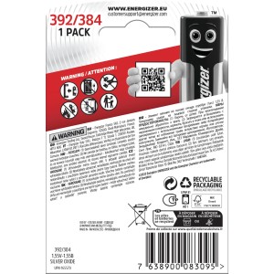 Energizer 392/384 Silberoxid Knopfzelle, 1er-Pack für Uhren und Kleingeräte.