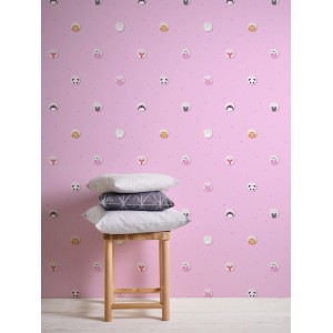 Rosa Vliestapete mit Tiermotiven für Kinderzimmer. Tiergesichter in Kreisen auf rosa Grund.