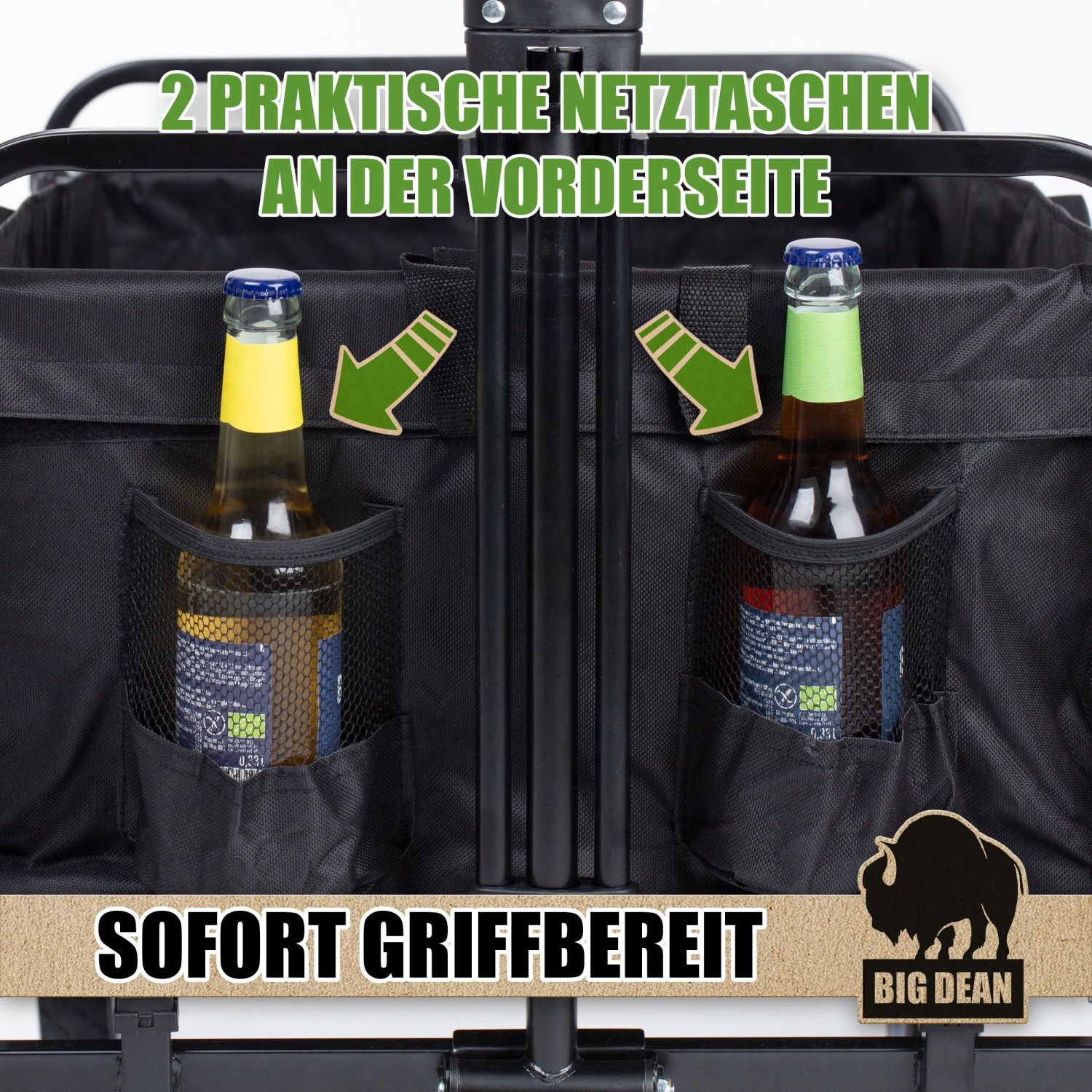 Detailaufnahme Bollerwagen mit Netztaschen und Getränkeflaschen. BigDean Faltbollerwagen.