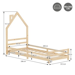 ML-Design Kinderbett Hausoptik, 90x200 cm, Natur Kiefer Massivholz mit Maßangaben