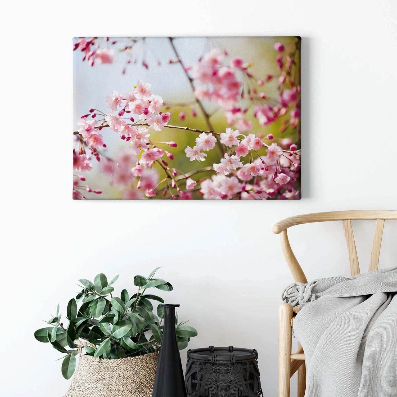 Wandbild Japanische Kirschblüte auf Leinwand, rosa Blüten im Frühling.