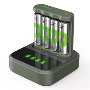 GP Akku-Ladegerät B441 mit 4 AA 2100 mAh Akkus in Ladestation. Batterien werden geladen.
