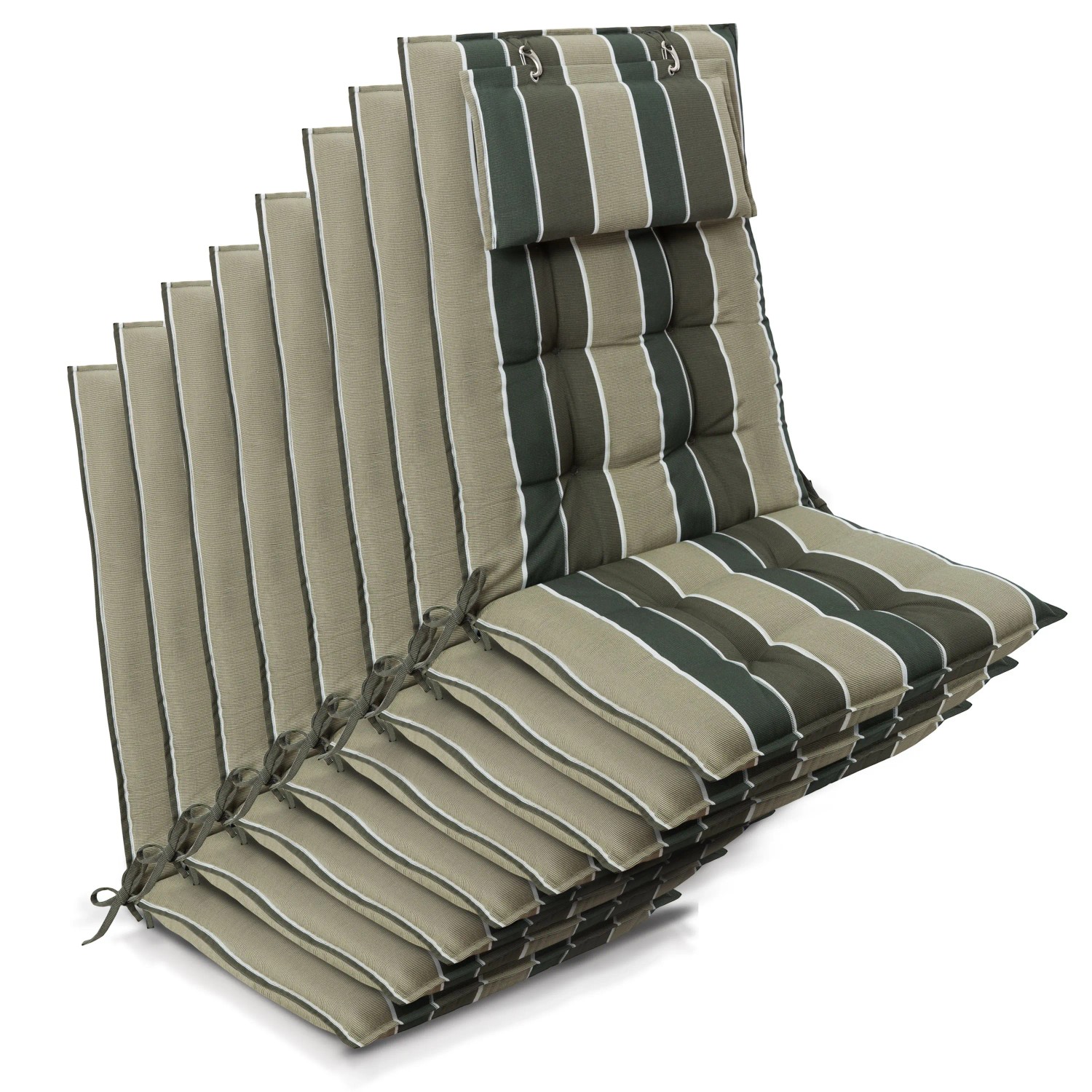 Beautissu 8er Set Sun-HL Hochlehner Auflage 120x50x8cm Grün-Gestreift