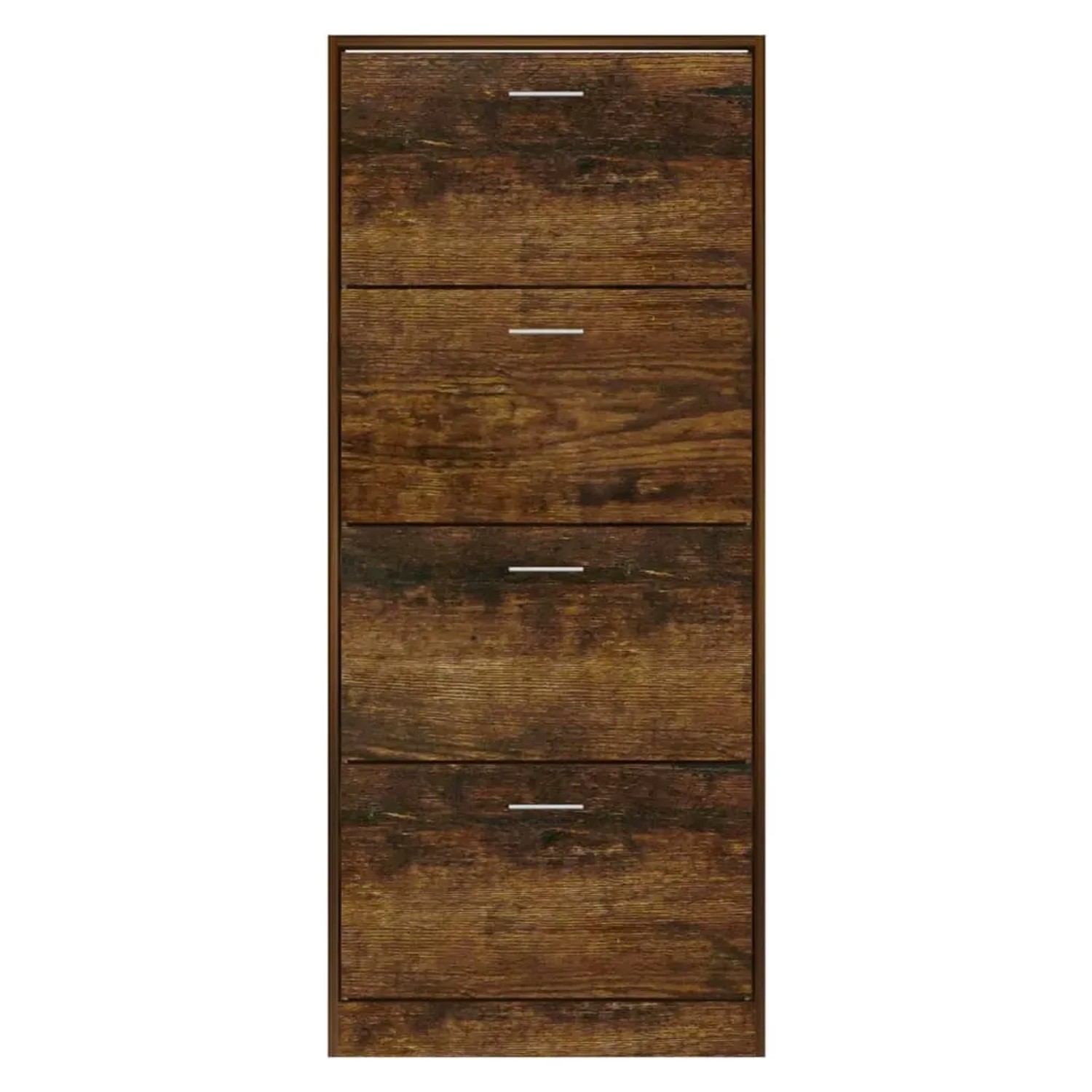 Schuhschrank Räuchereiche 63x147 cm aus Holzwerkstoff mit 4 Kippfächern und Griffen für Schuhe.