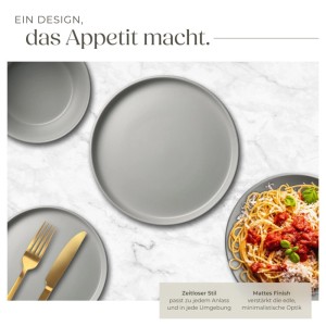 Graue Teller des Tectake Tafelservice Una im Urban Style. Mattes Steingut Geschirr mit Spaghetti und Besteck auf Marmor.