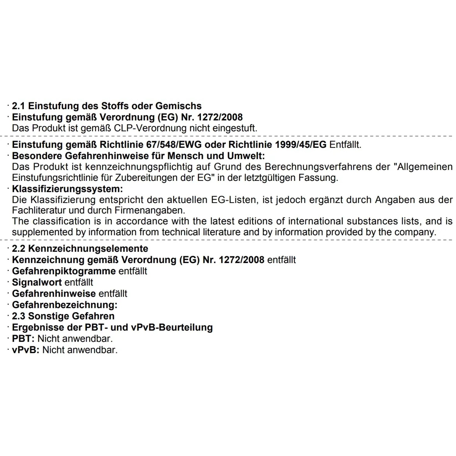 Sicherheitsdatenblatt-Ausschnitt: Einstufung, Kennzeichnung und Gefahrenhinweise des Produkts.