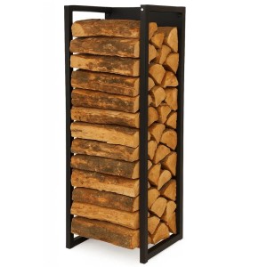Schwarzes Kaminholzregal aus Metall (92x41x31cm) mit Holzscheiten für Innen & Außen.