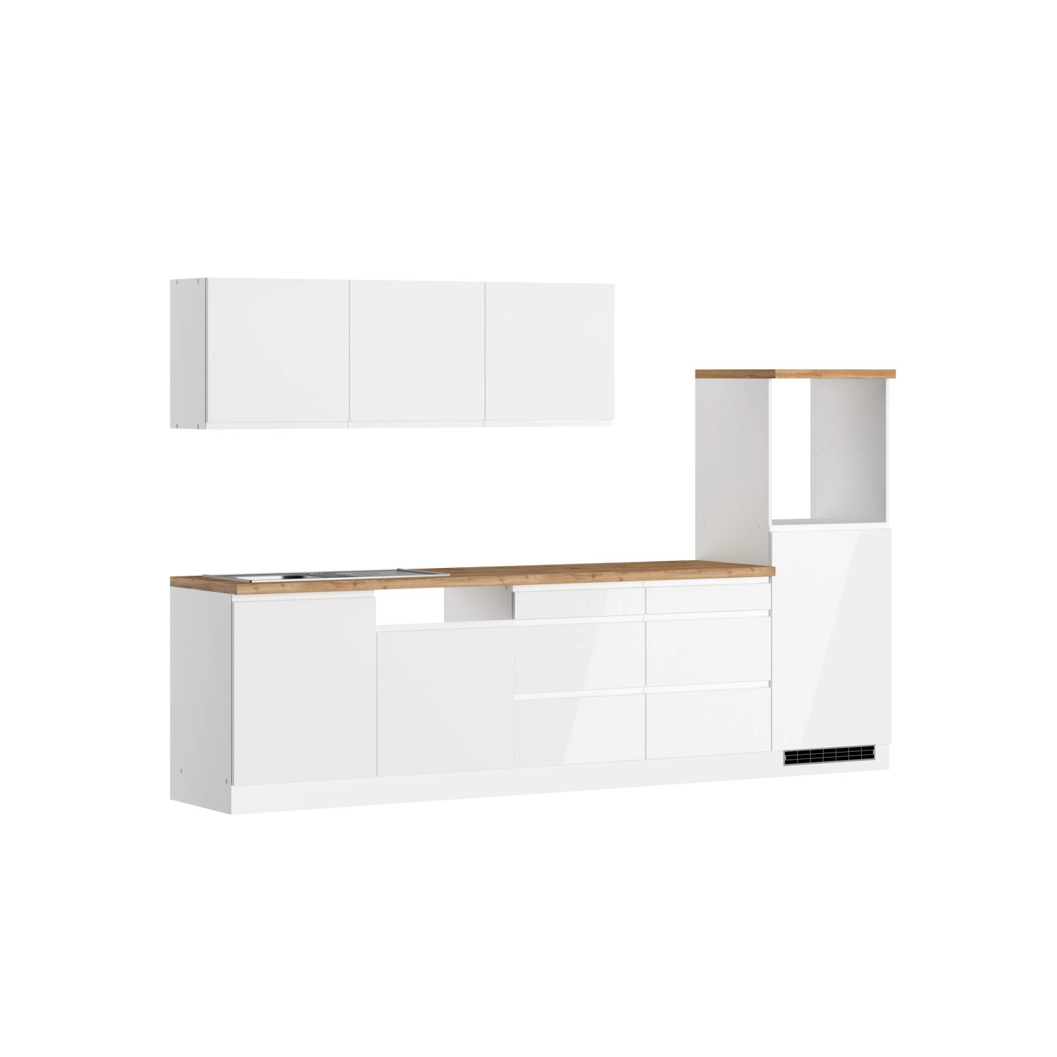 Moderne Küchenzeile Gera 300 cm in Weiß/Wotan Optik, ohne E-Geräte.