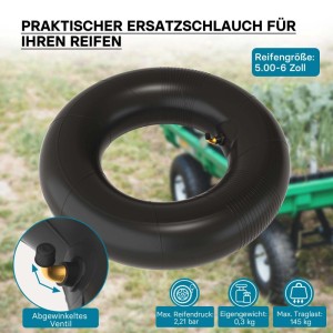 Schwarzer Wiltec Luftschlauch für Rasenmäherreifen, Größe 13x5.00-6, mit abgewinkeltem TR87 Ventil für Rasentraktor.