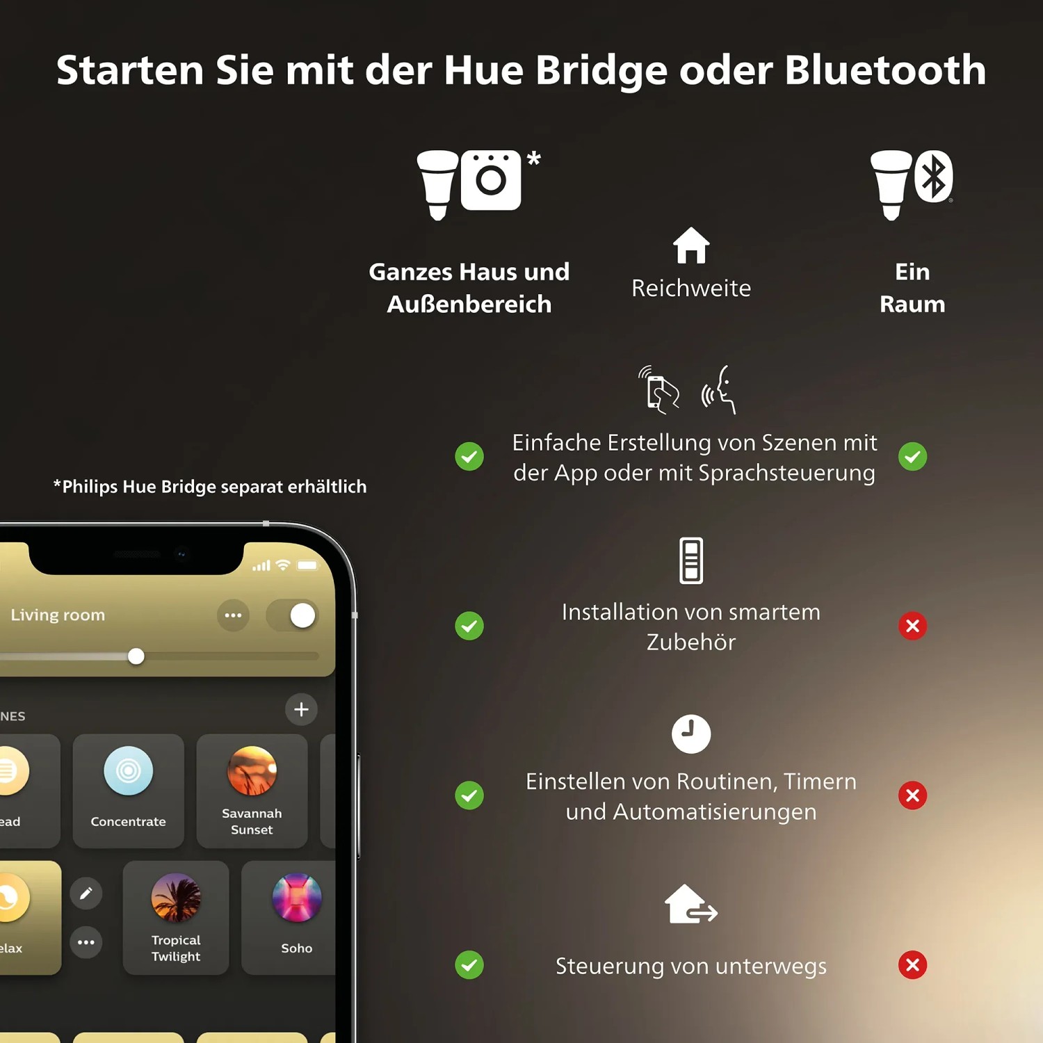 Philips Hue: Steuerung per App/Sprache, Routinen, Timer, Automation. Lichtsteuerung für Haus/Garten.