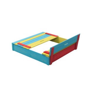 Farbenfroher SwingKing Sandkasten Sepp 120x120 cm mit Klappdeckel als Sitzbank.