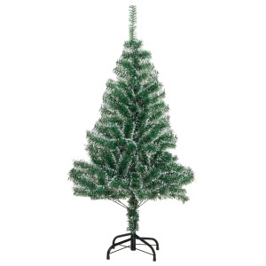 Künstlicher, beschneiter, grüner Weihnachtsbaum, 120 cm hoch, mit schwarzem Metallständer.