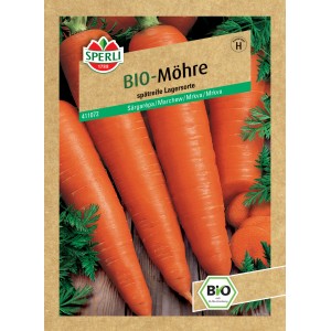 Samenpackung Sperli Bio Möhre Lagersorte mit orangen Möhren und Grünzeug.