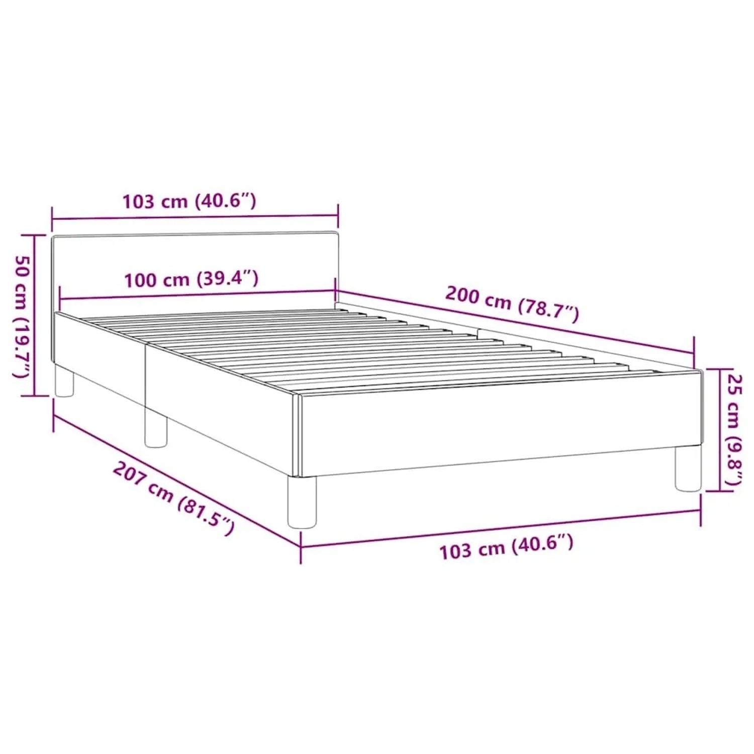 vidaXL Bettgestell Grün 100x200 cm. Maßzeichnung mit Kopfteil, Lattenrost und Gesamtmaßen 207x103x50 cm.