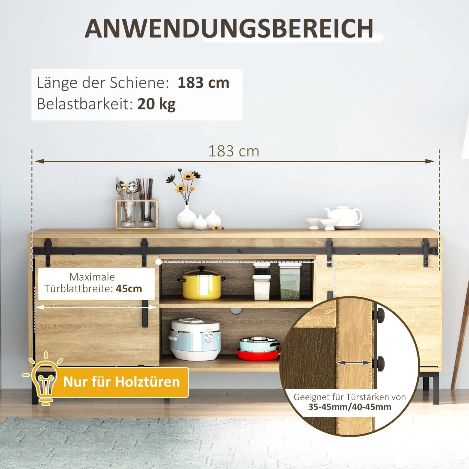HOMCOM Schiebetürsystem für Doppeltüren, 183cm, zur Montage an Holzmöbeln.