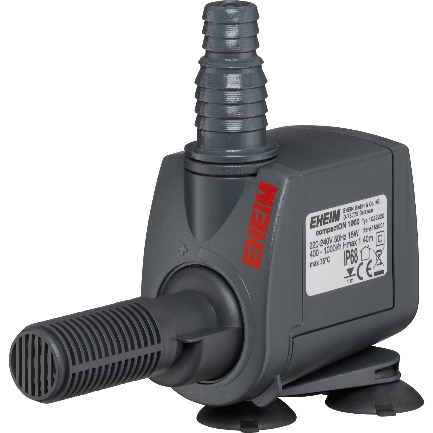 Eheim Aquarium-Pumpe CompactON 1.000, graue Aquariumpumpe mit Zubehör und Saugnäpfen.