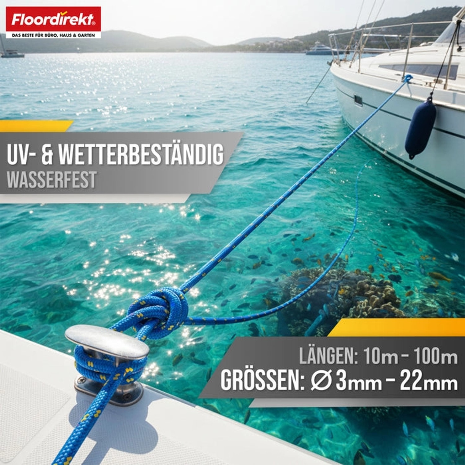 Floordirekt Polypropylen Seil K2 Reißfest Universal Blau-Gelb Ø 14 mm Länge 50 m_2