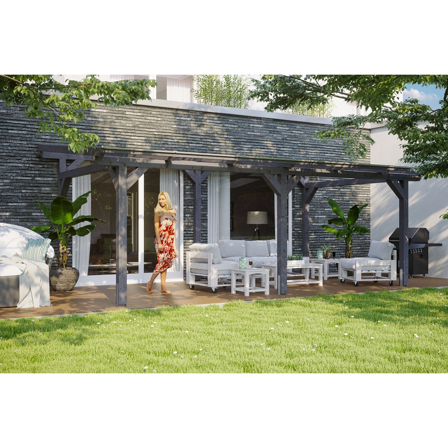 Skan Holz Terrassenüberdachung Siena 648 x 350 cm Leimholz Schiefergrau günstig online kaufen