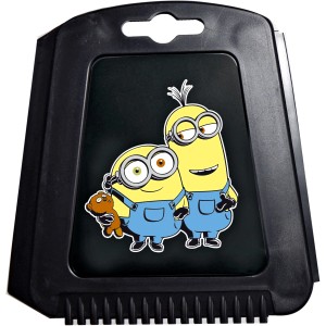 Schwarzer Eiskratzer mit Minions Motiv. Praktischer Auto Eiskratzer für die Scheibenreinigung im Winter.