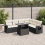 Schwarze 7-tlg. vidaXL Garten-Sofagarnitur aus Rattan mit cremefarbenen Kissen und Tisch mit Glasplatte.