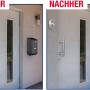 Vorher/Nachher: Haustür mit Stoßgriff-Set aus Edelstahl, variabel montierbar.