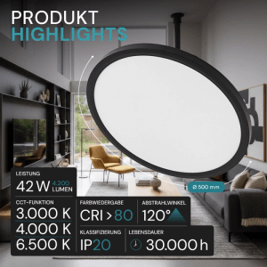 Runde, schwarze LUXULA LED Deckenleuchte, 50cm, mit einstellbarer Farbtemperatur in modernem Wohnraum.