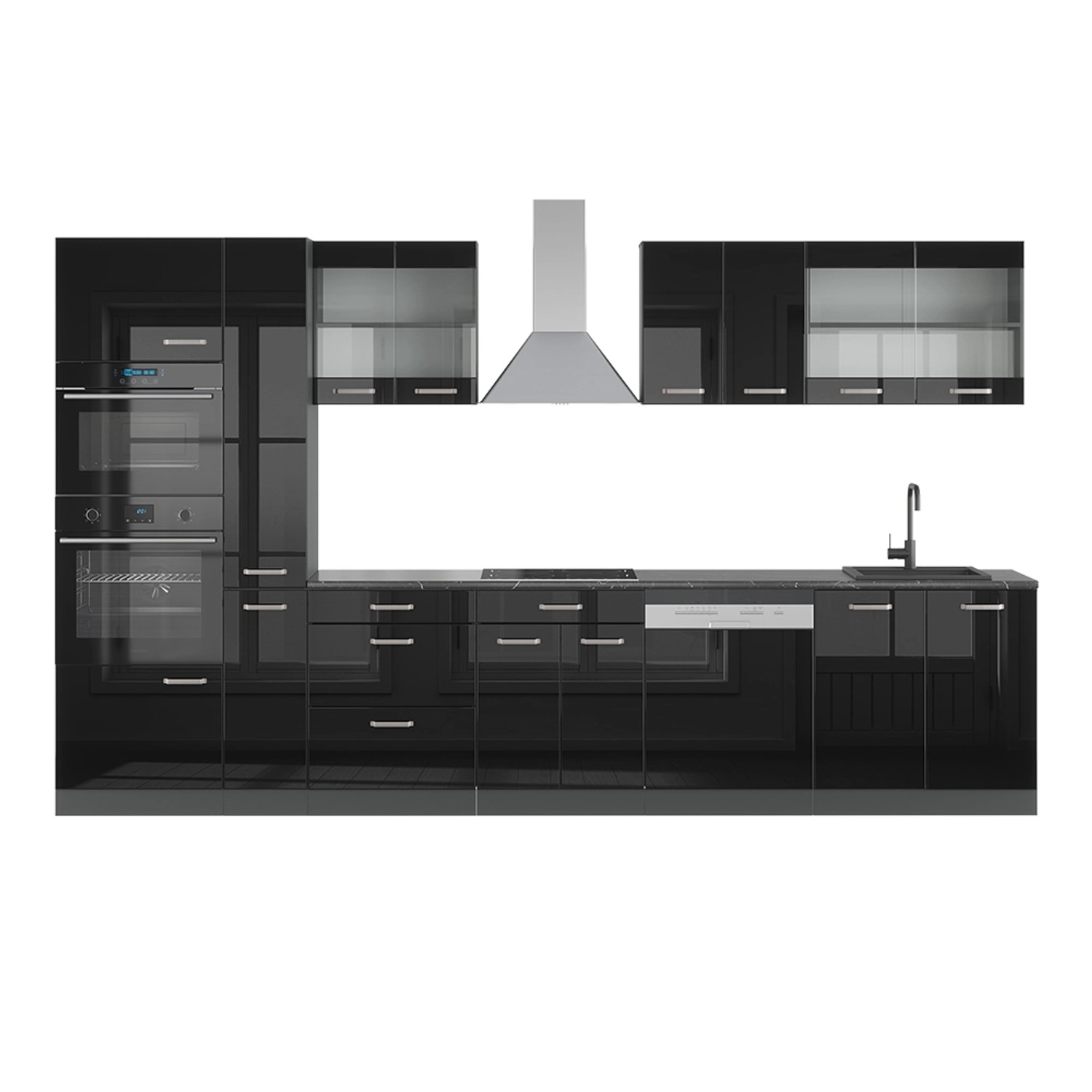 Vicco R-Line Küchenzeile Schwarz Hochglanz/Anthrazit 350 cm mit Hochschrank günstig online kaufen