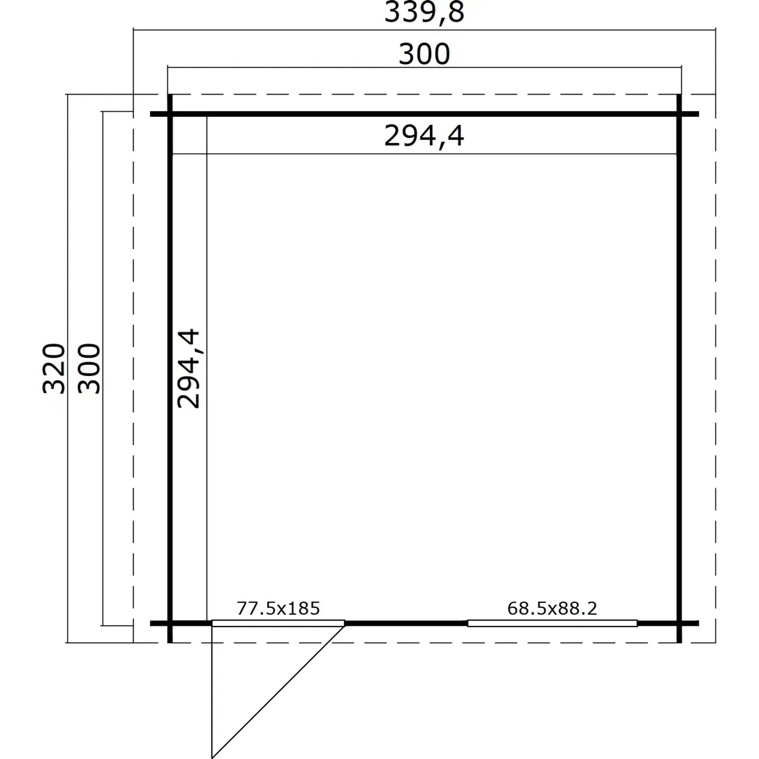 Grundriss Lasita Holz-Gartenhaus Wels 3, 339,8x320cm, Carbongrau. Abmessungen und Türposition.