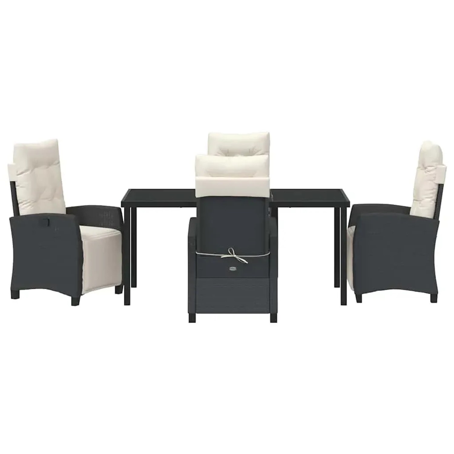 Schwarze 5-teilige vidaXL Garten Essgruppe aus Poly Rattan mit Tisch und Stühlen.