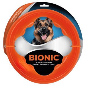 Orangefarbenes Bionic Hundespielzeug Toss-N-Tug Turbo, robust und schwimmfähig.