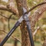 Fiskars Bypass-Astschere L11 schneidet Ast am Baum. Gartenschere mit Antihaftbeschichtung.
