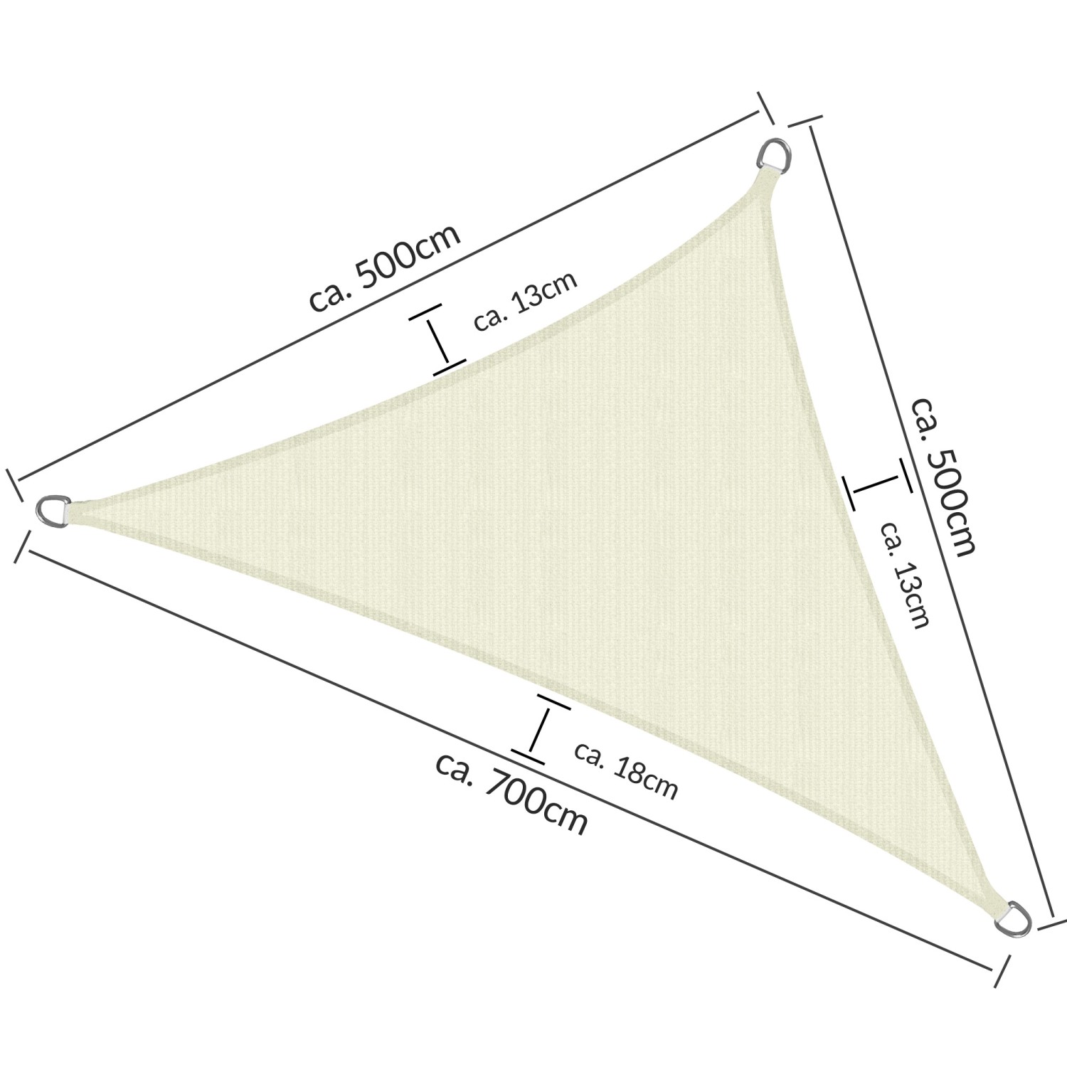 Dreieckiges, creme-farbenes Sol Royal Sonnensegel SolVision HS9, 500x500x700cm, mit Edelstahlringen.