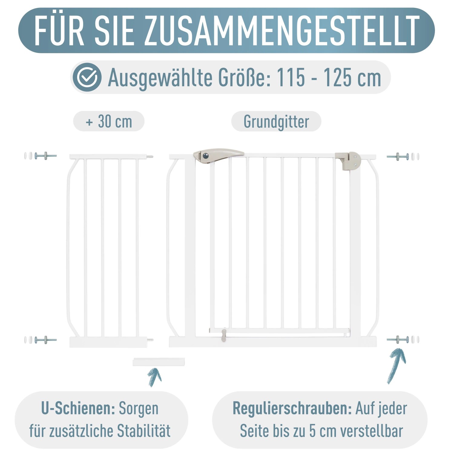 ib style Türschutzgitter Berrin 58-185cm Treppenschutzgitter für Kinder und Haustiere Ohne Bohren Weiß 115-125 cm_9