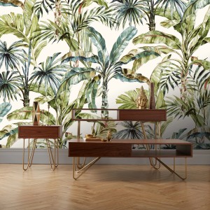 Rasch Digitaltapete Florentine III mit Palmenblättern in Grün- und Brauntönen auf weißem Grund.
