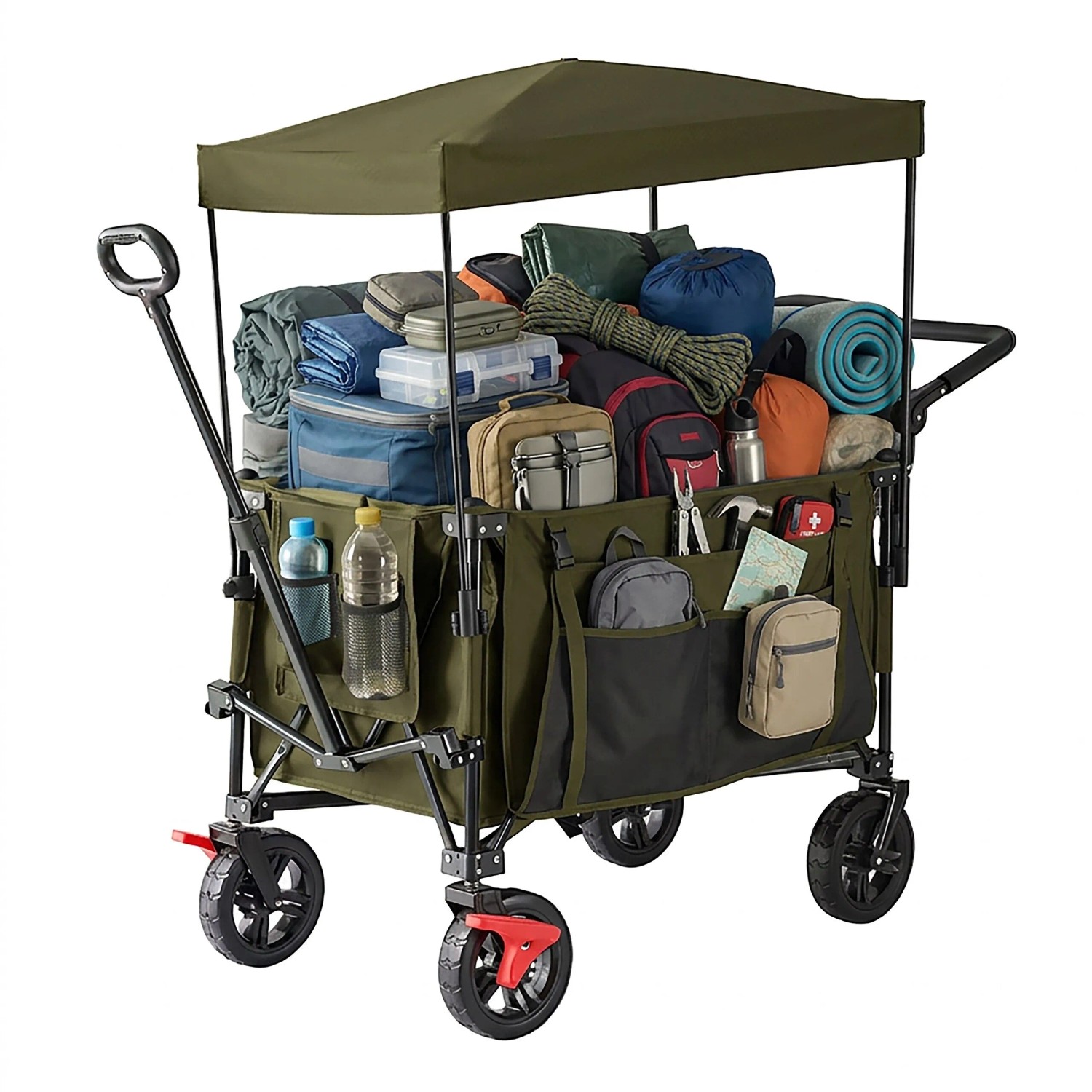 Relaxdays Bollerwagen Polyester Grün Faltbar mit Dach 131 cm x 54 cm x 97 cm