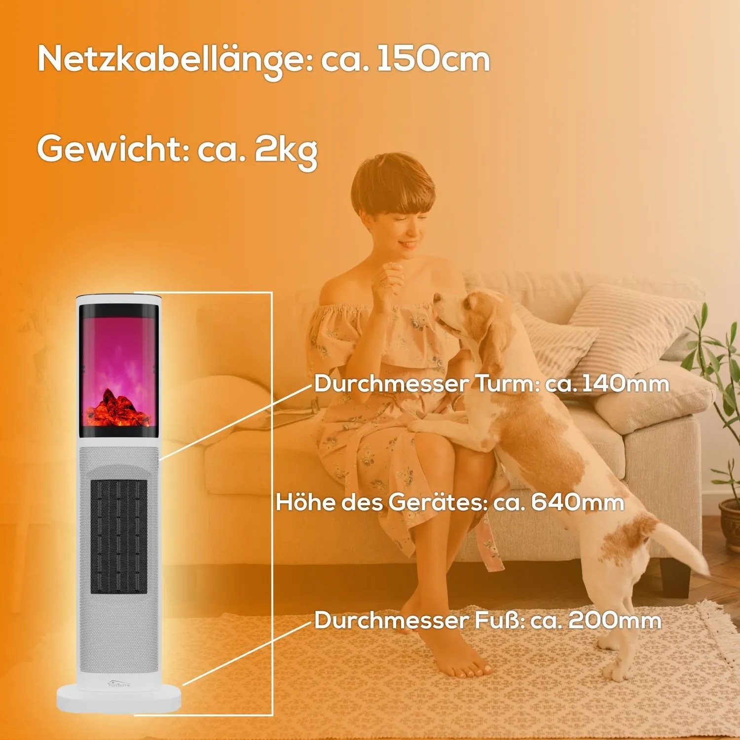 Weißer TroniTechnik Turmheizer mit Flammeneffekt und Frau mit Hund im Hintergrund.