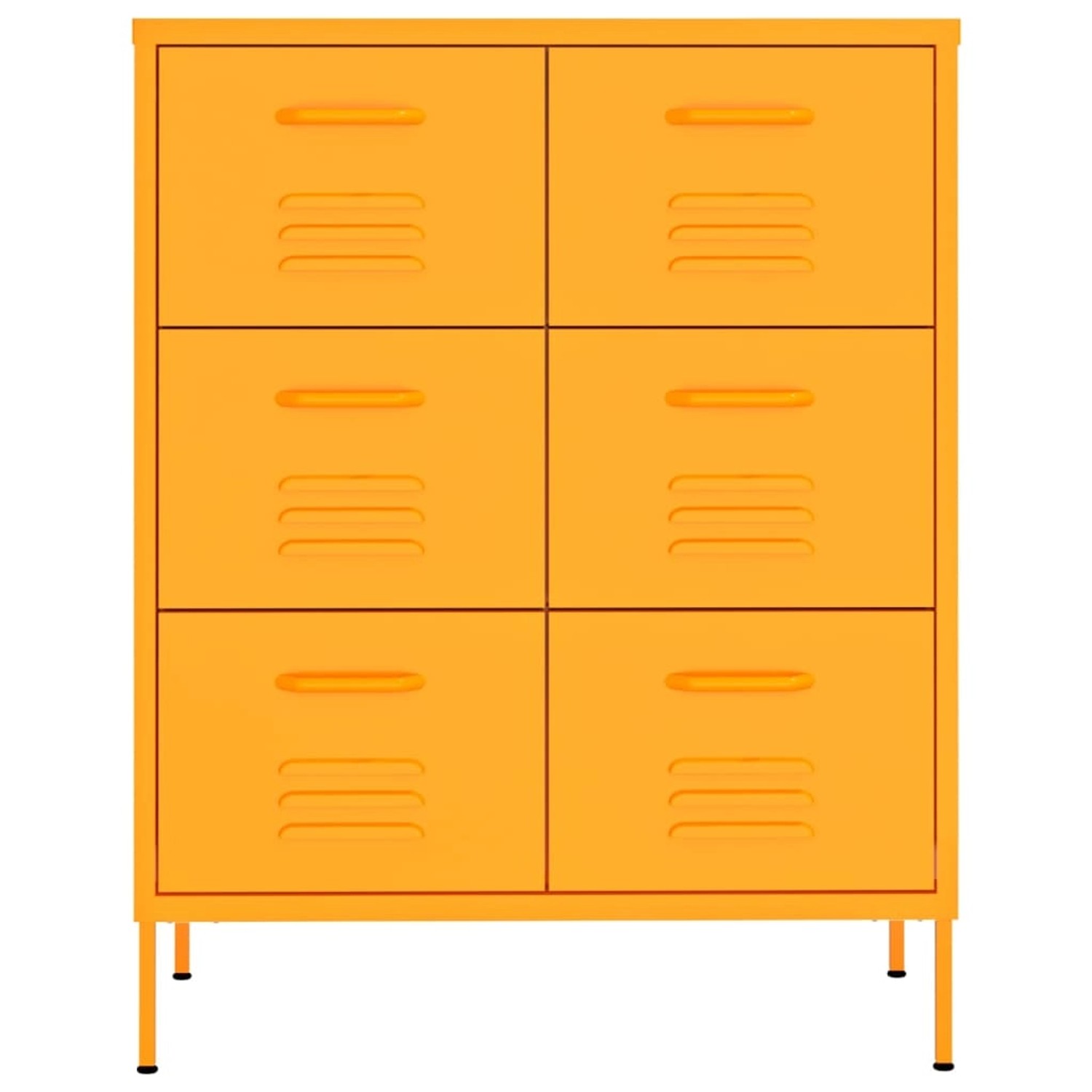 Senfgelber vidaXL Büroschrank aus Stahl mit 6 Schubladen.