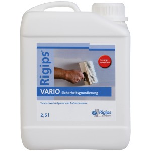 Weiße 2,5 l Flasche Rigips Vario Sicherheitsgrundierung, lösemittelfrei, für Anstrich-, Tapezier- und Fliesenarbeiten.