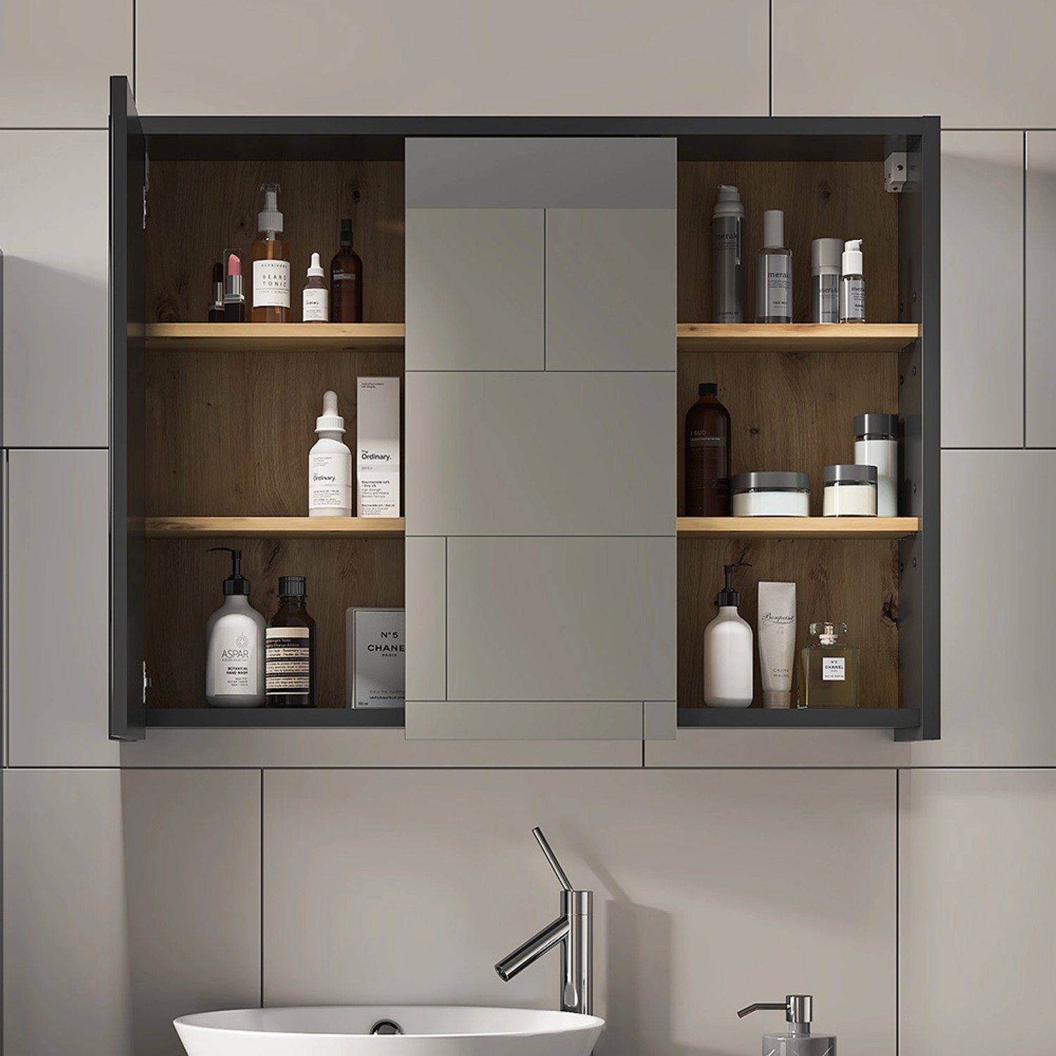 Vicco Badspiegelschrank Viola, Anthrazit/Eiche, 100x75 cm, mit offenem Stauraum.