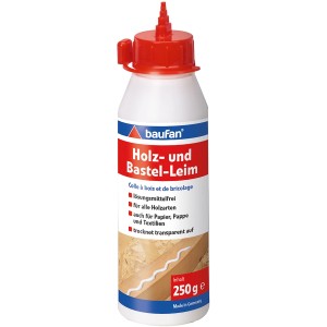 Baufan Holz- und Bastel-Leim 250g, weiße Flasche mit rotem Verschluss, zeigt weißen Leim auf Holz. Lösungsmittelfreier Kleber.