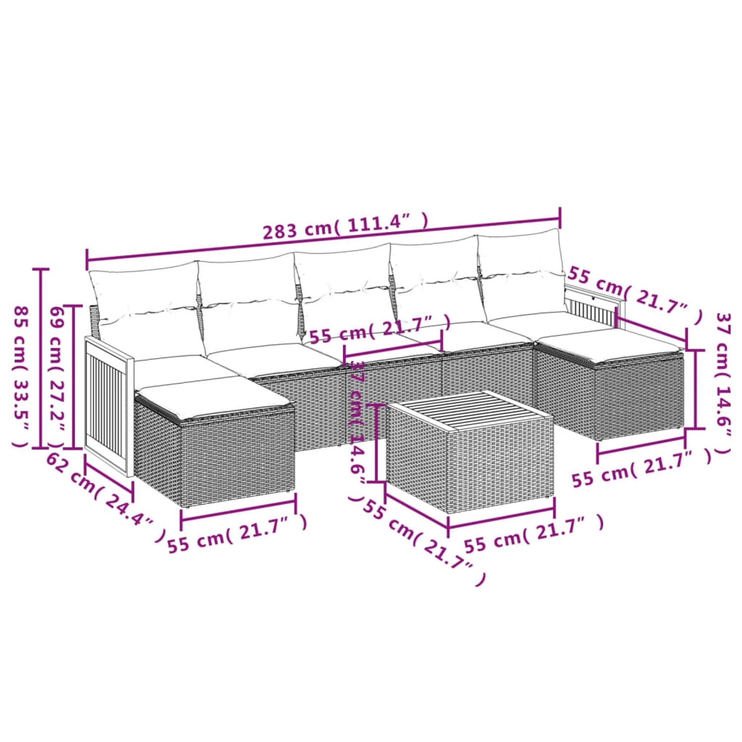 Schwarze 8-tlg. vidaXL Garten-Sofagarnitur aus Polyrattan mit cremeweißen Kissen und Tisch.