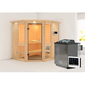 Karibu Sauna Anina 1 mit Bio-Ofen und LED-Dachkranz aus naturbelassener Fichte.