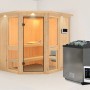 Karibu Sauna Anina 1 mit Bio-Ofen und LED-Dachkranz aus naturbelassener Fichte.