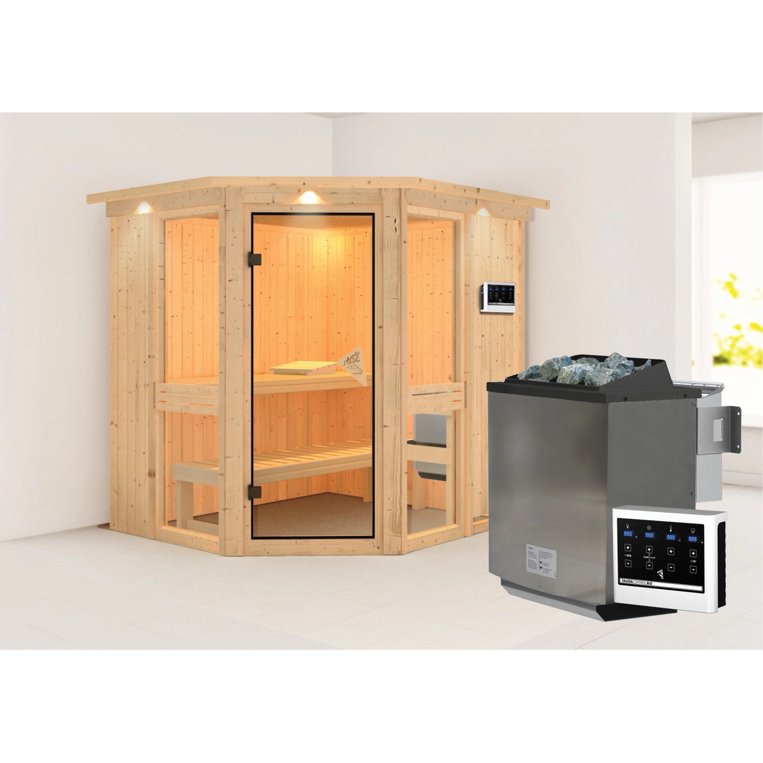 Karibu Sauna Anina 1 mit Bio-Ofen externe Stg.LED-Dachkranz Natur günstig online kaufen