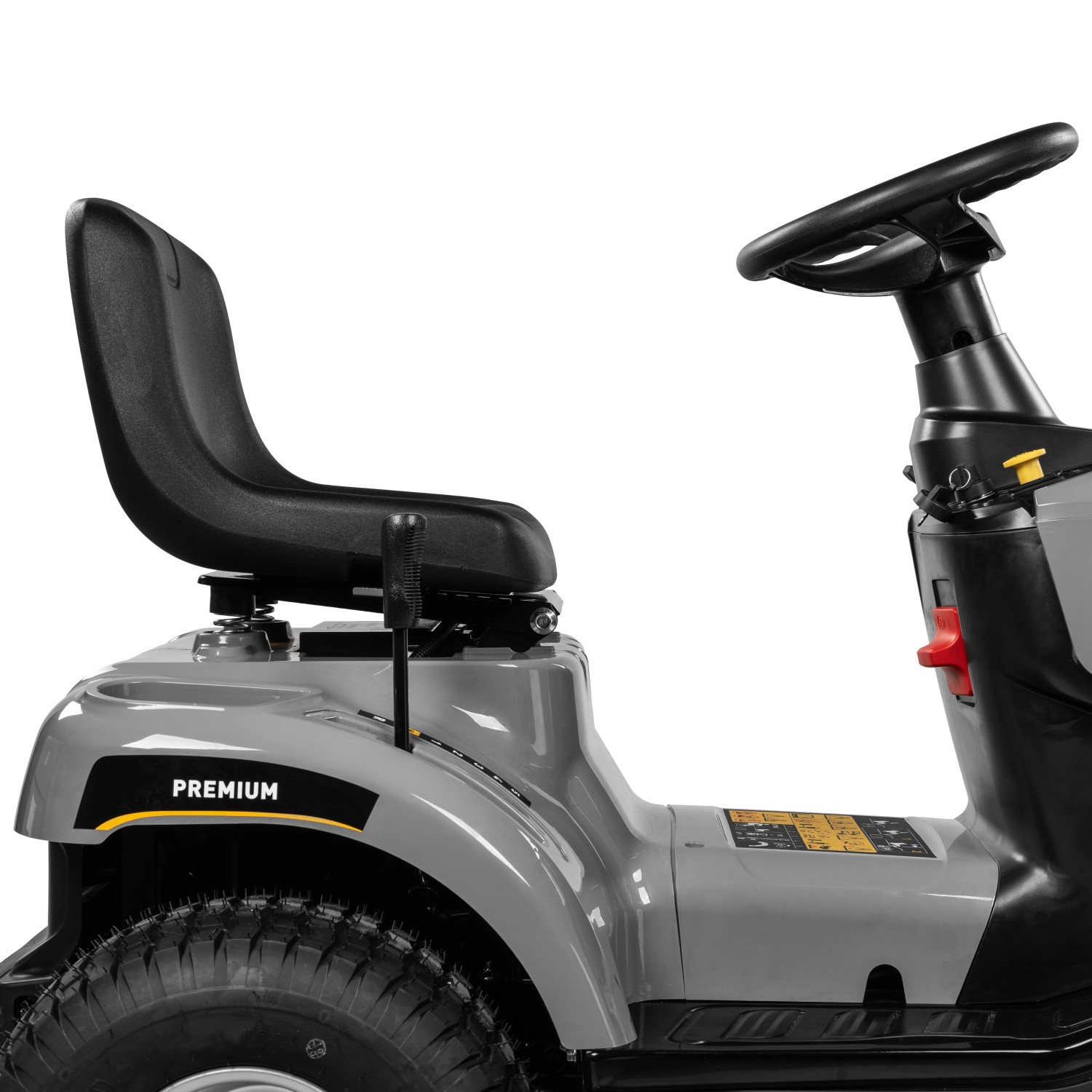 Detailansicht des Texas Benzin-Rasentraktor Premium TTS98: Sitz, Lenkrad und Bedienelemente.