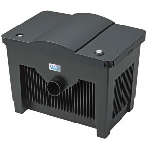 Oase BioSmart 18000 Durchlauffilter für Gartenteiche, schwarzes Gehäuse mit Reinigungshebel.