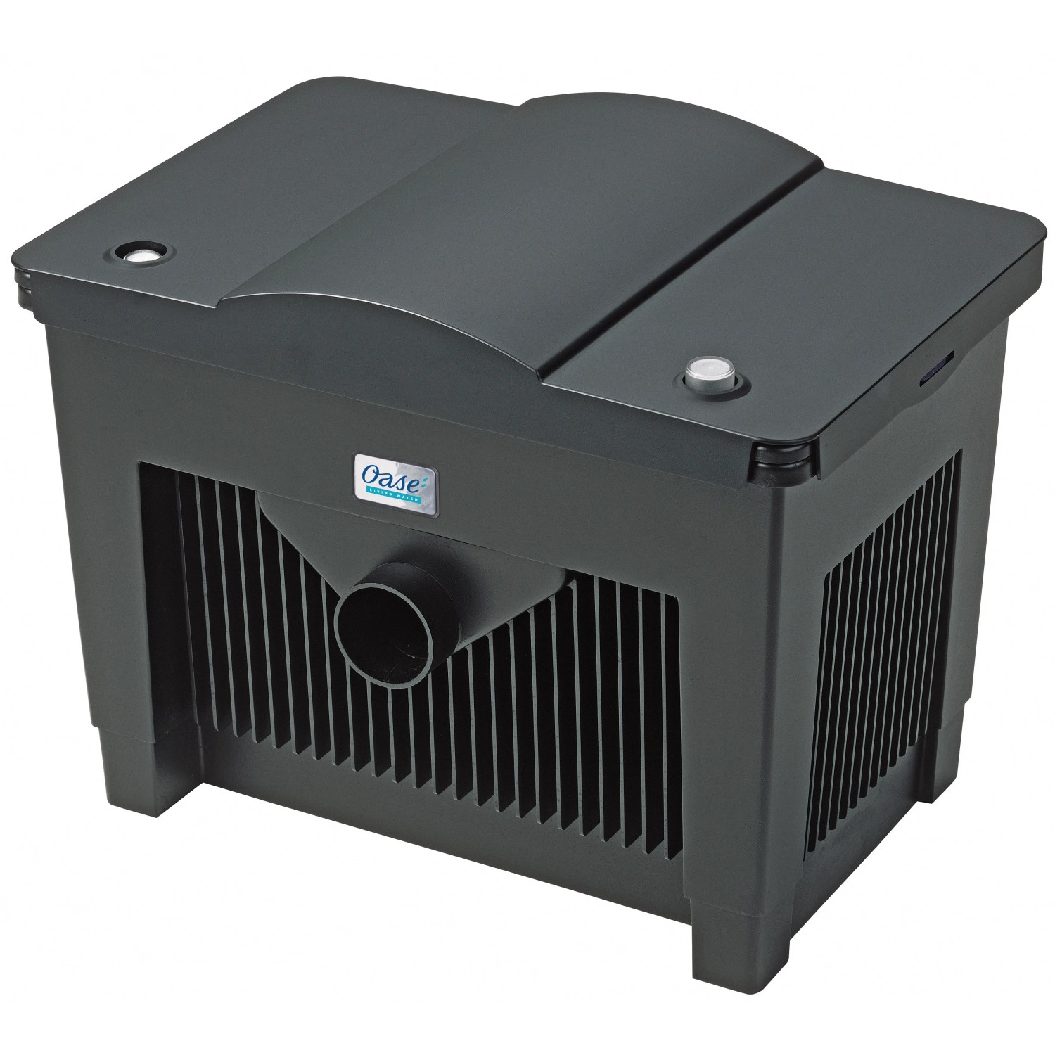 Oase BioSmart 18000 Durchlauffilter für Gartenteiche, schwarzes Gehäuse mit Reinigungshebel.