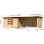 Karibu Holz-Gartenhaus Ängelholm, naturbelassen, mit Pultdach und Anbau, Maße eingezeichnet.
