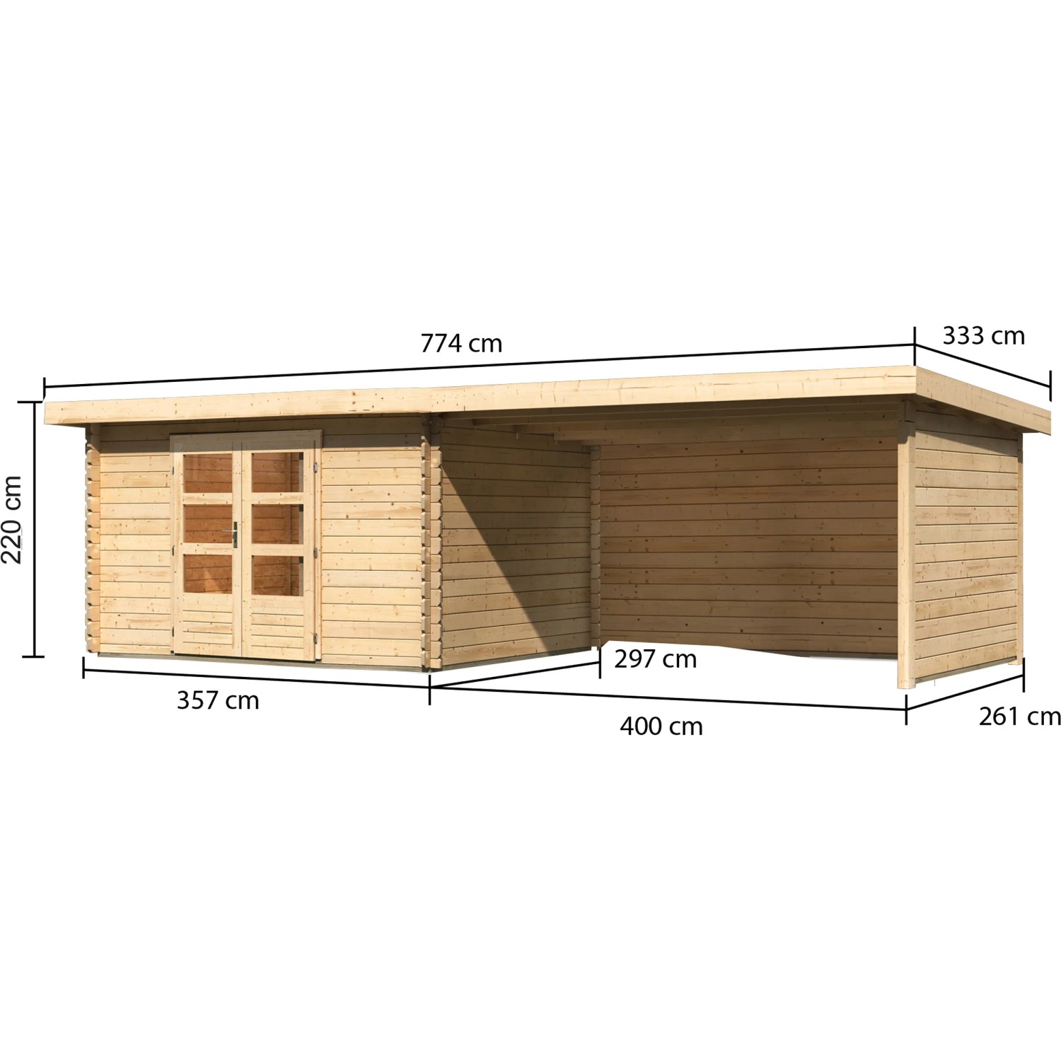 Karibu Holz-Gartenhaus Ängelholm, naturbelassen, mit Pultdach und Anbau, Maße eingezeichnet.